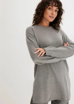 bonprix Bekleidung·Umstandsmode|Strickmode^Long-Feinstrickpullover mit Seitenschlitzen aus Viskose-Mix grau meliert meliert