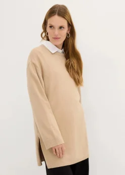 bonprix Pullover & Strickjacken|Bekleidung·Jeans^Long-Feinstrickpullover mit Seitenschlitzen aus Viskose-Mix saharabeige meliert