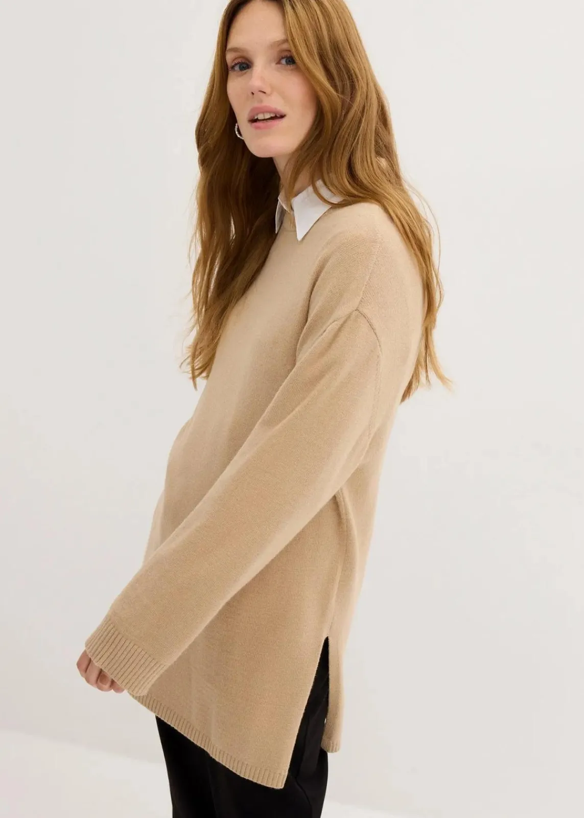 bonprix Pullover & Strickjacken|Bekleidung·Jeans^Long-Feinstrickpullover mit Seitenschlitzen aus Viskose-Mix saharabeige meliert