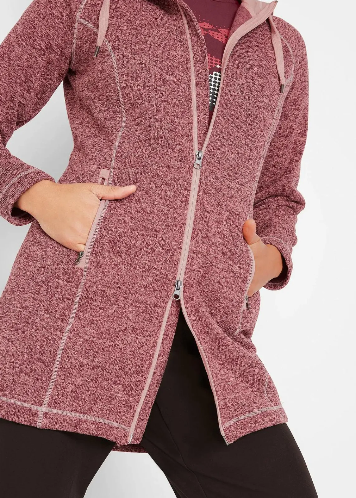 bonprix Bekleidung·Blusen & Tuniken|Bekleidung·Hosen^Long-Fleecejacke mit Kapuze ahornrot/vintagerosa meliert