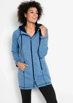bonprix Jacken & Mäntel|Sweat^Long-Fleecejacke mit Kapuze mittelblau/dunkelblau meliert