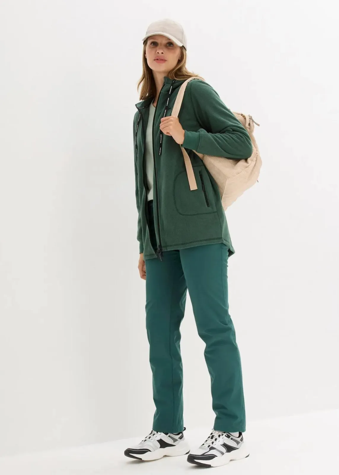 bonprix Bekleidung·Blusen & Tuniken|Bekleidung·Hosen^Long-Fleecejacke mit Reißverschluss-Taschen mattgrün