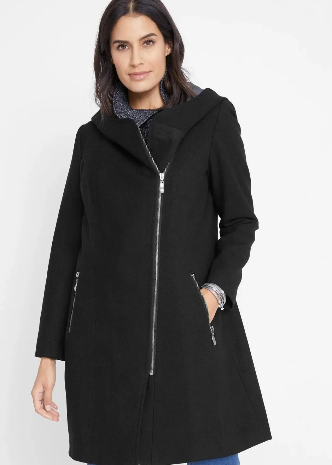 bonprix Bekleidung·Hosen|Jacken & Mäntel^Longjacke mit schrägem Reißverschluss schwarz