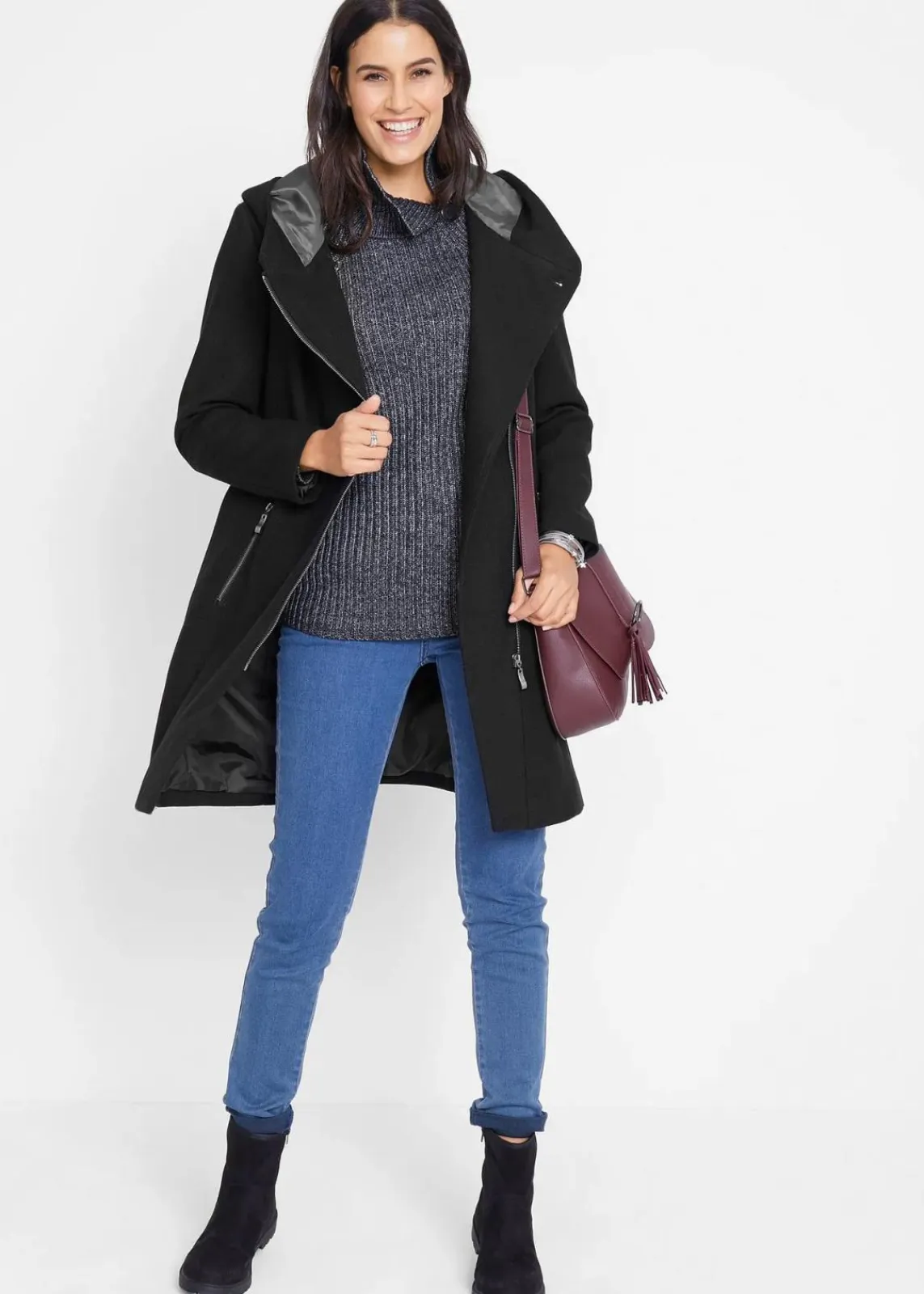 bonprix Bekleidung·Hosen|Jacken & Mäntel^Longjacke mit schrägem Reißverschluss schwarz