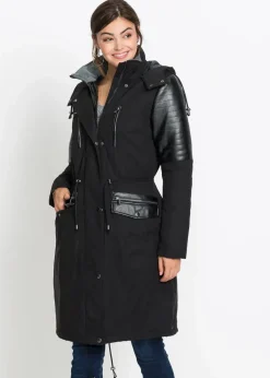 bonprix Bekleidung·Hosen|Jacken & Mäntel^Long-Parka mit Lederimitateinsatz schwarz