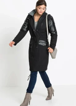 bonprix Bekleidung·Hosen|Jacken & Mäntel^Long-Parka mit Lederimitateinsatz schwarz