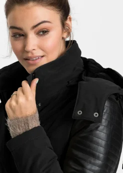 bonprix Bekleidung·Hosen|Jacken & Mäntel^Long-Parka mit Lederimitateinsatz schwarz