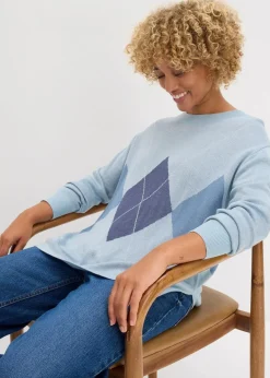 bonprix Pullover & Strickjacken|Strickmode^Longpullover eisblau kariert