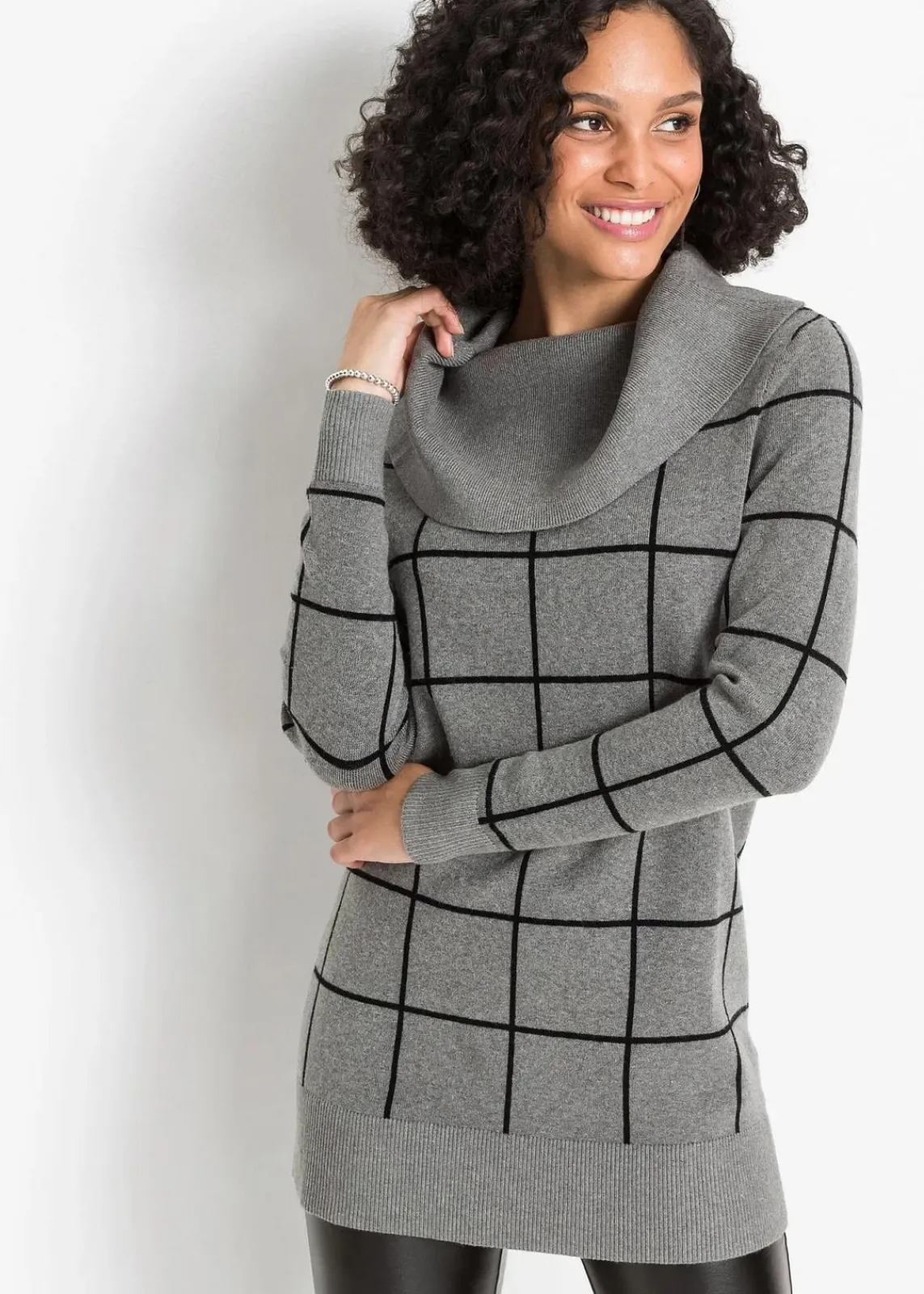 bonprix Bekleidung·Umstandsmode|Strickmode^Long-Pullover grau meliert/schwarz kariert