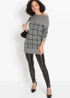 bonprix Bekleidung·Umstandsmode|Strickmode^Long-Pullover grau meliert/schwarz kariert