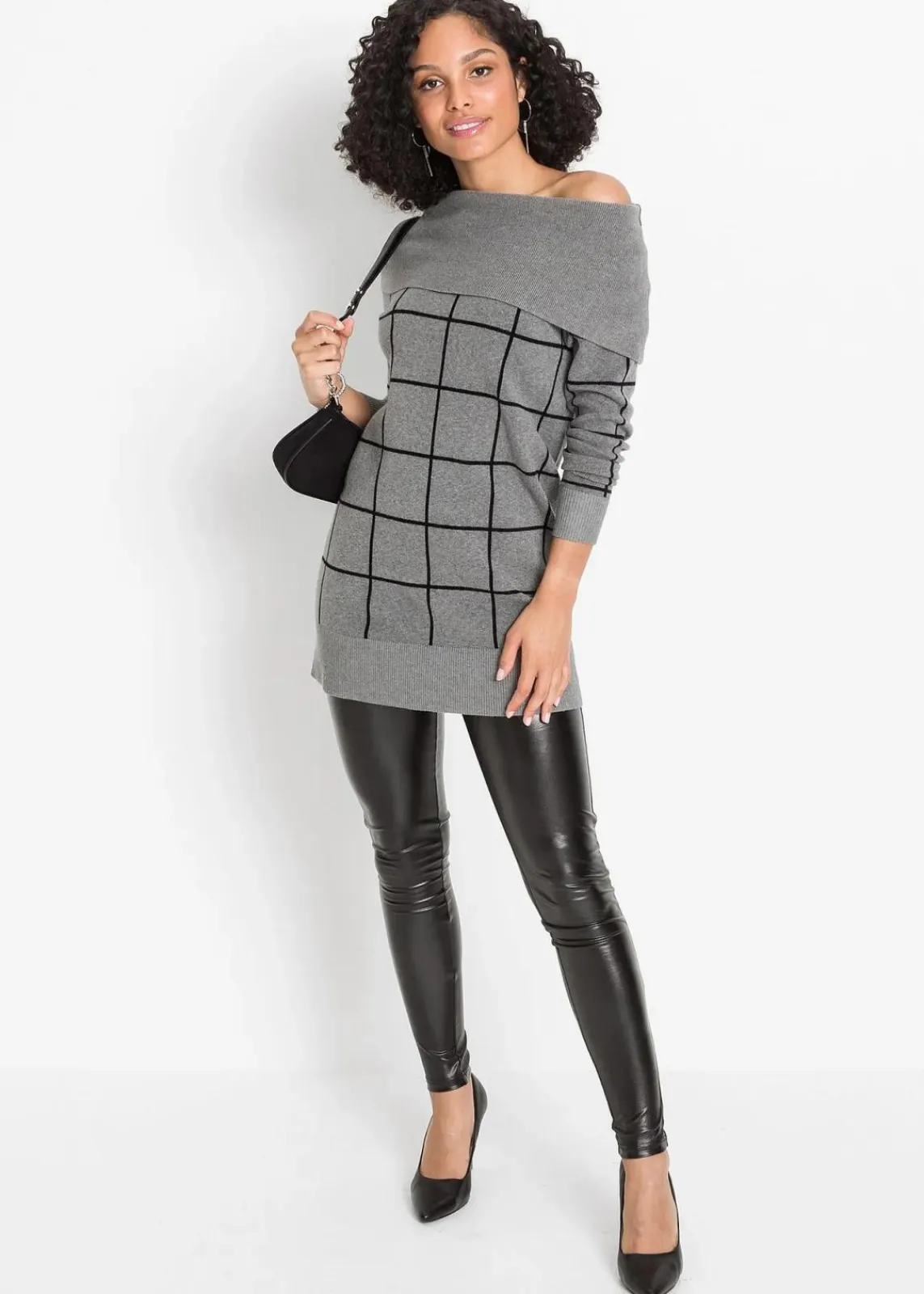 bonprix Bekleidung·Umstandsmode|Strickmode^Long-Pullover grau meliert/schwarz kariert