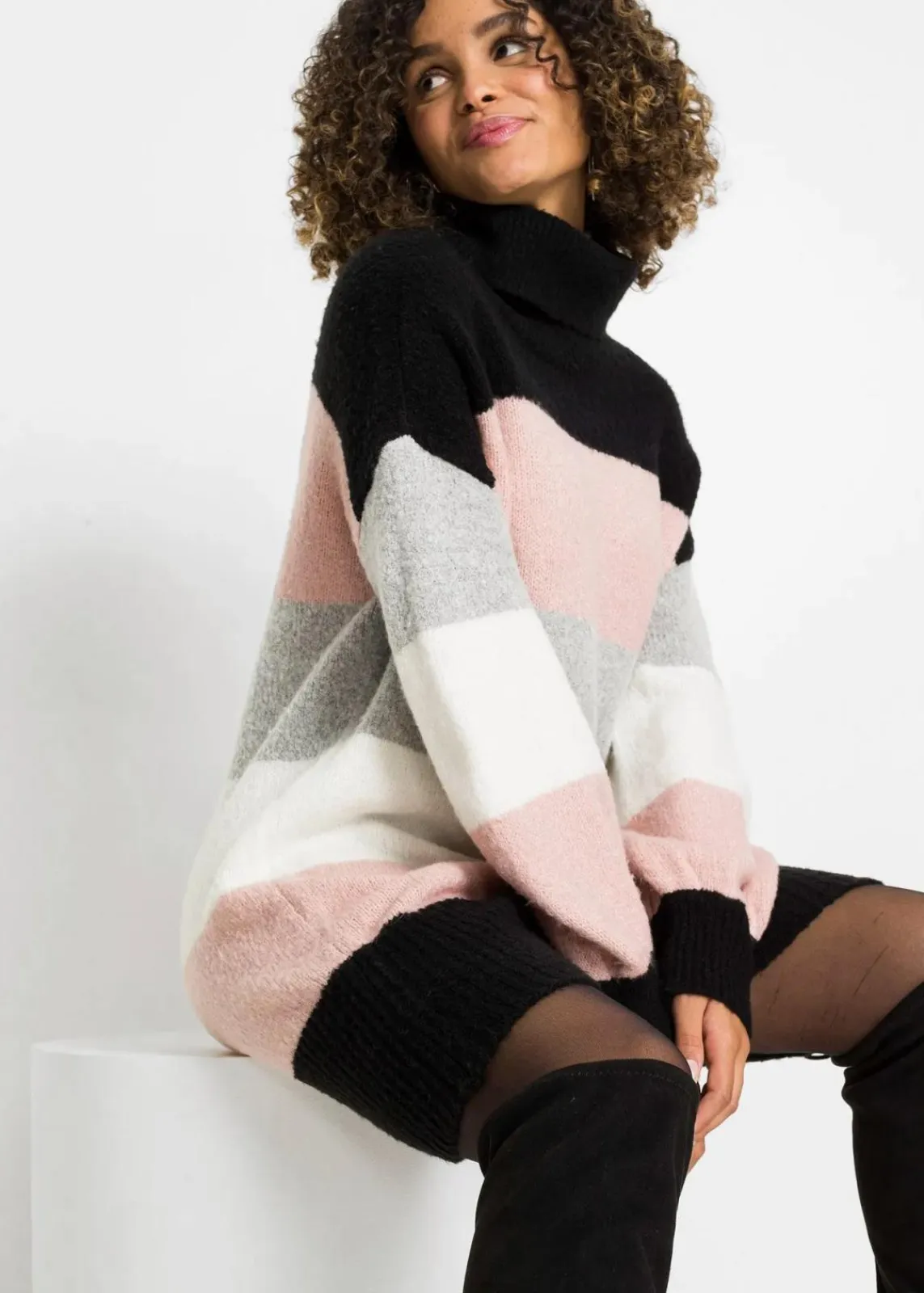 bonprix Bekleidung·Umstandsmode|Strickmode^Long-Pullover schwarz/altrosa/wollweiß