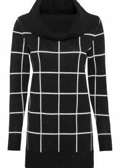 bonprix Pullover & Strickjacken|Bekleidung·Jeans^Long-Pullover schwarz/wollweiß kariert