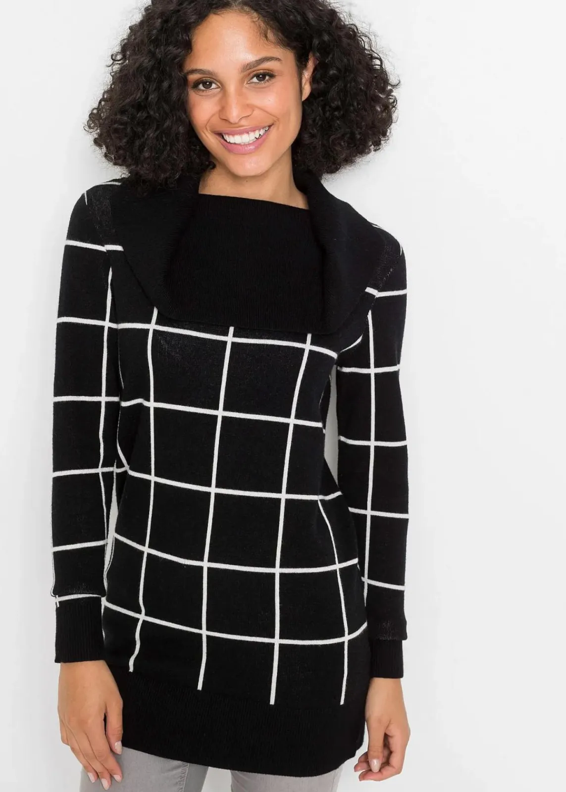 bonprix Pullover & Strickjacken|Bekleidung·Jeans^Long-Pullover schwarz/wollweiß kariert