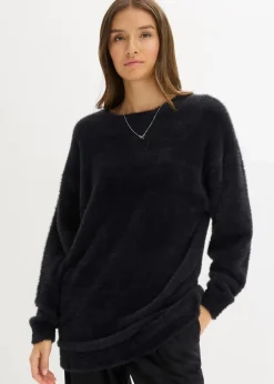 bonprix Pullover & Strickjacken|Strickmode^Longpullover aus weichem Federgarn schwarz