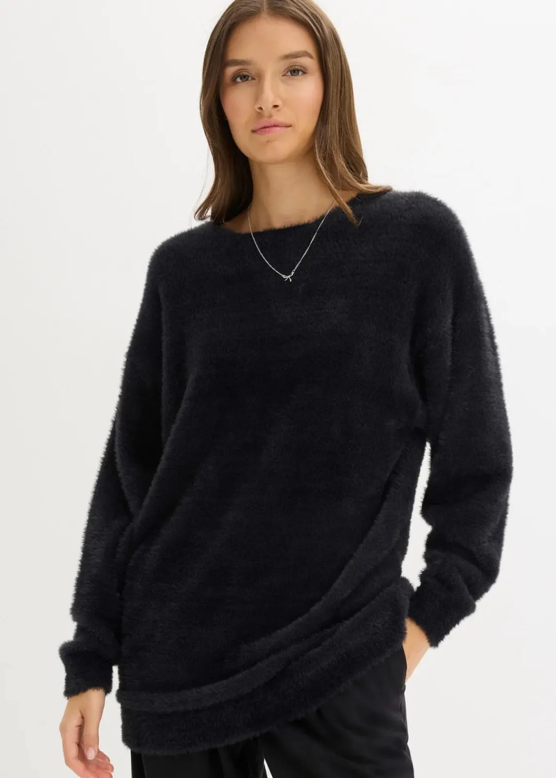 bonprix Pullover & Strickjacken|Strickmode^Longpullover aus weichem Federgarn schwarz