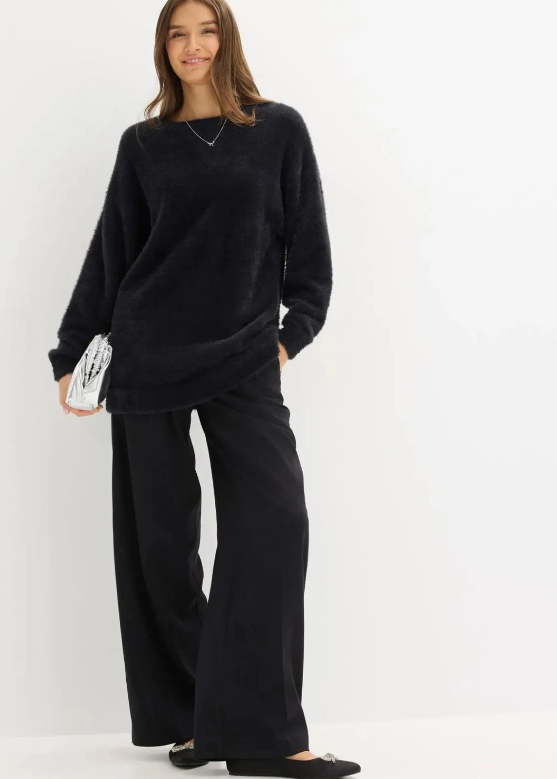 bonprix Pullover & Strickjacken|Strickmode^Longpullover aus weichem Federgarn schwarz