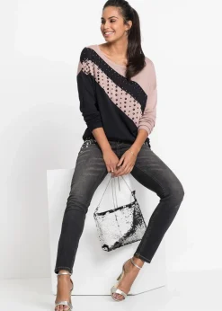 bonprix Bekleidung·Umstandsmode|Bekleidung·Jeans^Longpullover mit Applikation schwarz/rosé