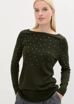bonprix Bekleidung·Umstandsmode|Pullover & Strickjacken^Long-Pullover mit Glitzersteinen nachtoliv/silber