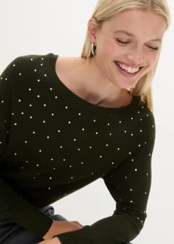 bonprix Bekleidung·Umstandsmode|Pullover & Strickjacken^Long-Pullover mit Glitzersteinen nachtoliv/silber
