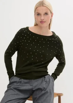 bonprix Bekleidung·Umstandsmode|Pullover & Strickjacken^Long-Pullover mit Glitzersteinen nachtoliv/silber