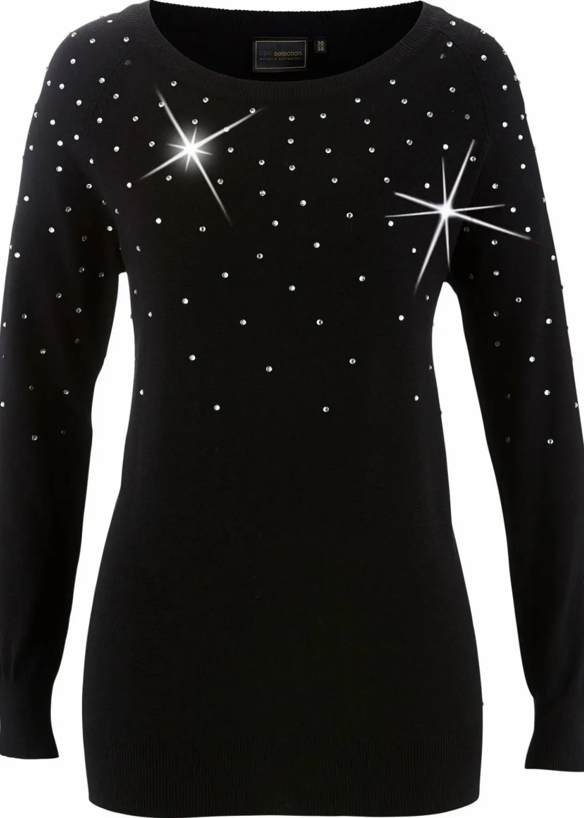 bonprix Bekleidung·Umstandsmode|Pullover & Strickjacken^Long-Pullover mit Glitzersteinen schwarz/silberfarben