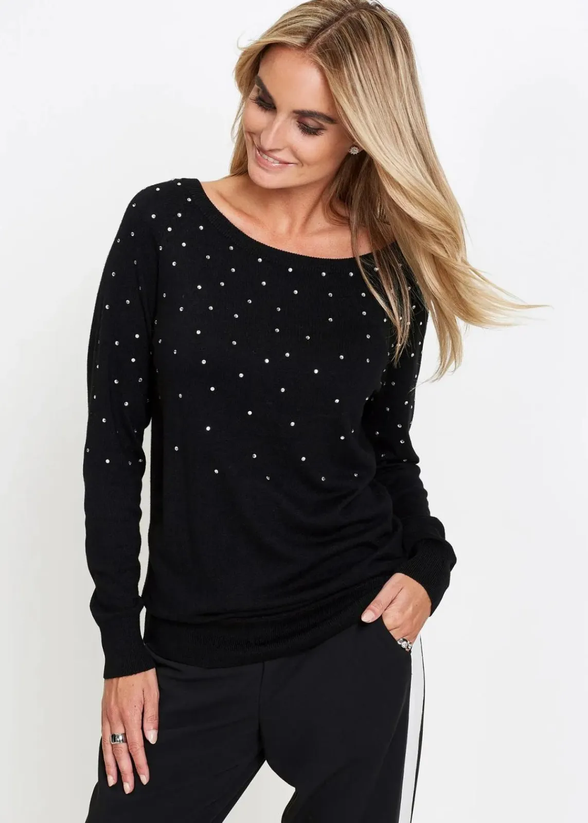 bonprix Bekleidung·Umstandsmode|Pullover & Strickjacken^Long-Pullover mit Glitzersteinen schwarz/silberfarben