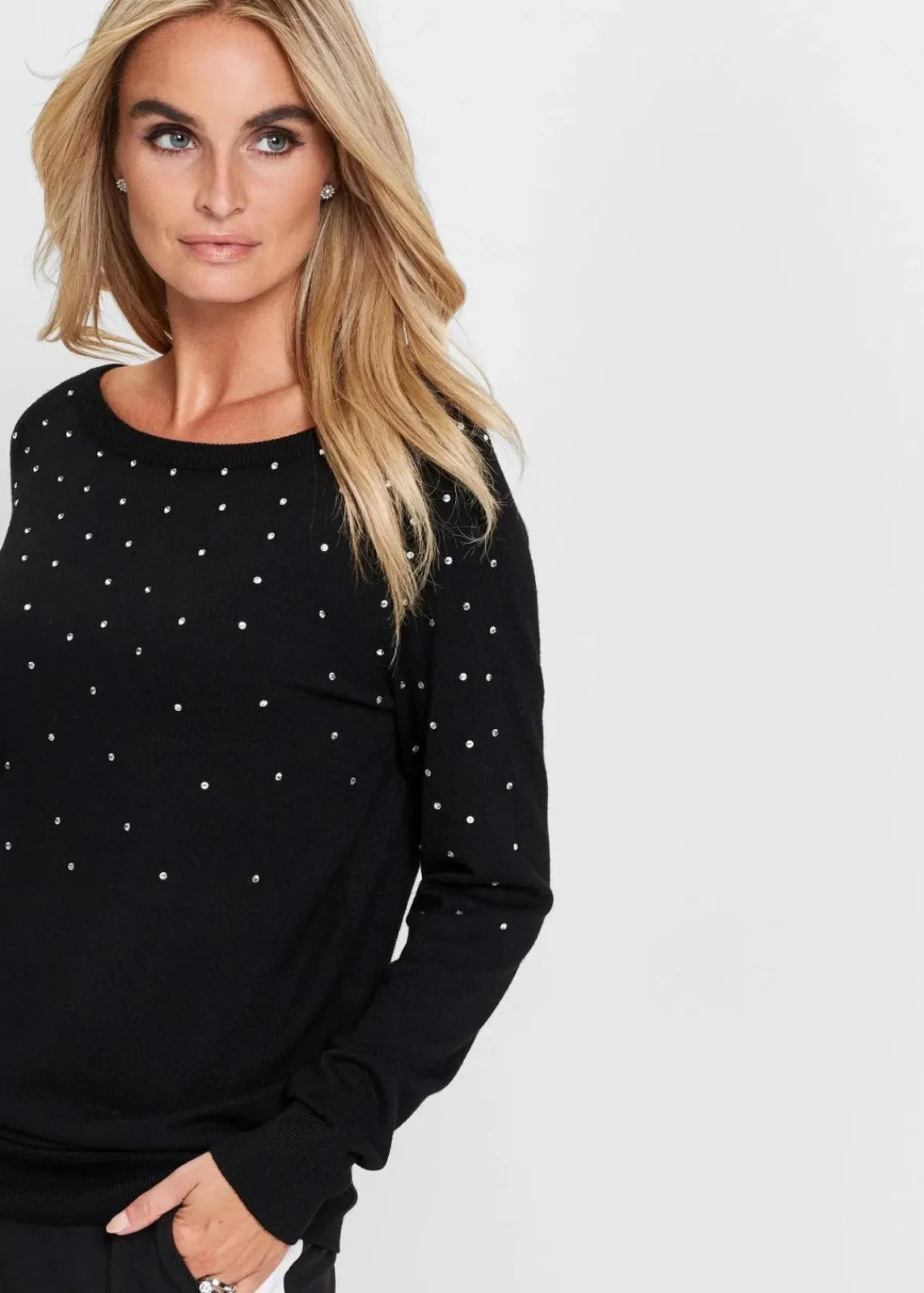 bonprix Bekleidung·Umstandsmode|Pullover & Strickjacken^Long-Pullover mit Glitzersteinen schwarz/silberfarben