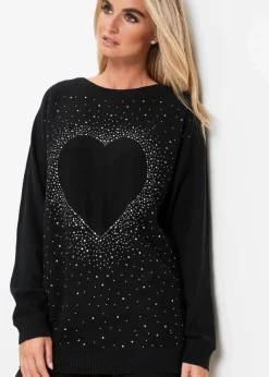 bonprix Bekleidung·Umstandsmode|Bekleidung·Jeans^Longpullover mit Herz-Dekostein-Applikation schwarz