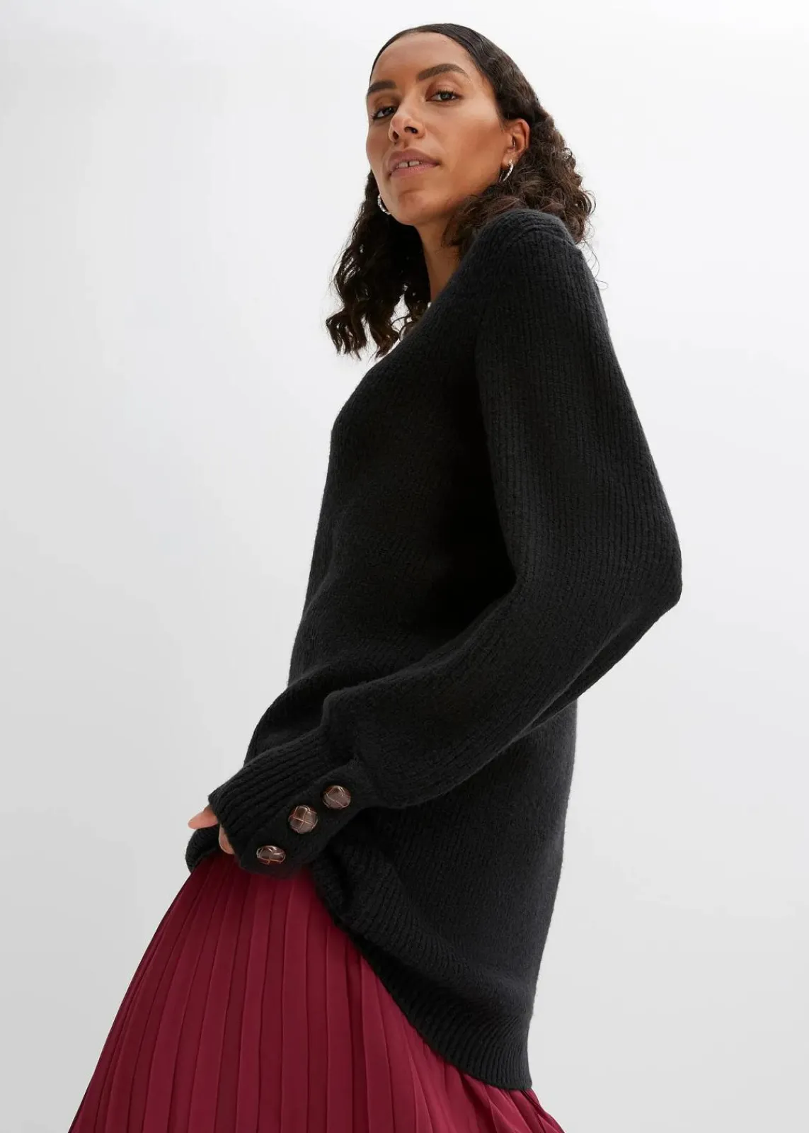 bonprix Bekleidung·Umstandsmode|Strickmode^Longpullover mit Knöpfen schwarz