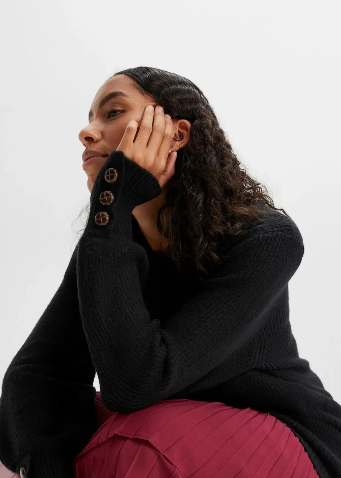 bonprix Bekleidung·Umstandsmode|Strickmode^Longpullover mit Knöpfen schwarz