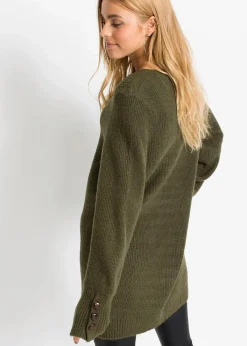 bonprix Pullover & Strickjacken|Bekleidung·Jeans^Longpullover mit Knöpfen dunkeloliv