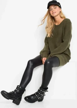 bonprix Pullover & Strickjacken|Bekleidung·Jeans^Longpullover mit Knöpfen dunkeloliv