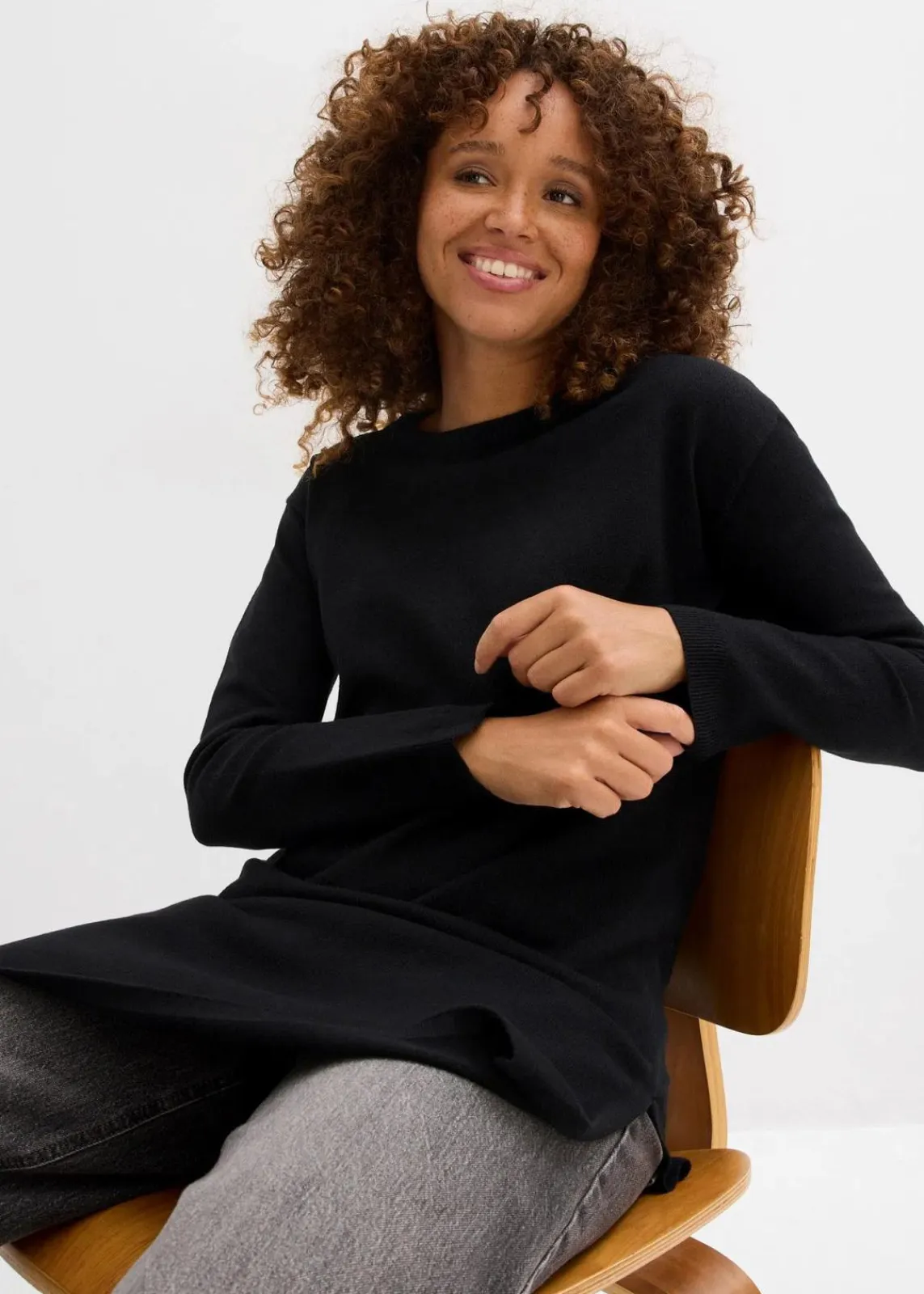 bonprix Strickmode|Pullover & Strickjacken^Longpullover mit recycelter Baumwolle schwarz