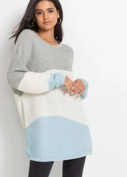 bonprix Bekleidung·Umstandsmode|Bekleidung·Jeans^Longpullover mit Rippmuster hellgrau meliert/wollweiß/eisblau gestreift