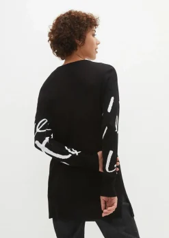 bonprix Bekleidung·Umstandsmode|Bekleidung·Jeans^Longpullover mit Schriftzug schwarz/weiß bedruckt