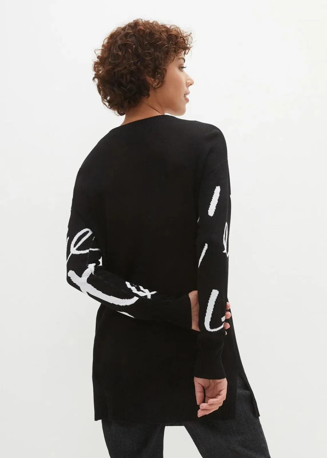 bonprix Bekleidung·Umstandsmode|Bekleidung·Jeans^Longpullover mit Schriftzug schwarz/weiß bedruckt