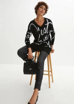 bonprix Bekleidung·Umstandsmode|Bekleidung·Jeans^Longpullover mit Schriftzug schwarz/weiß bedruckt