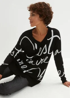 bonprix Bekleidung·Umstandsmode|Bekleidung·Jeans^Longpullover mit Schriftzug schwarz/weiß bedruckt