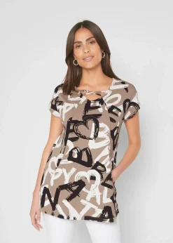 bonprix Shirts & Tops^Longshirt taupe / schwarz / weiß bedruckt