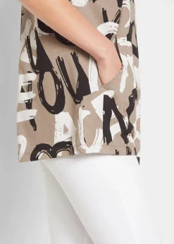bonprix Shirts & Tops^Longshirt taupe / schwarz / weiß bedruckt