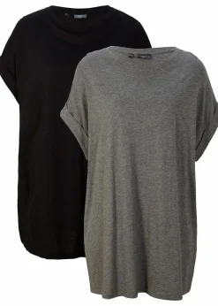 bonprix Shirts & Tops|Basics^Longshirt aus reiner Bio-Baumwolle (2er Pack) grau meliert + schwarz