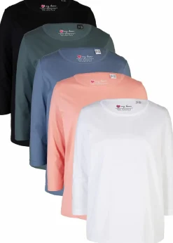 bonprix Bekleidung·Röcke|Nachhaltigere Materialien^Longshirt (5er-Pack) eukalyptusgrün + pfirsich + rauchblau + weiß + schwarz