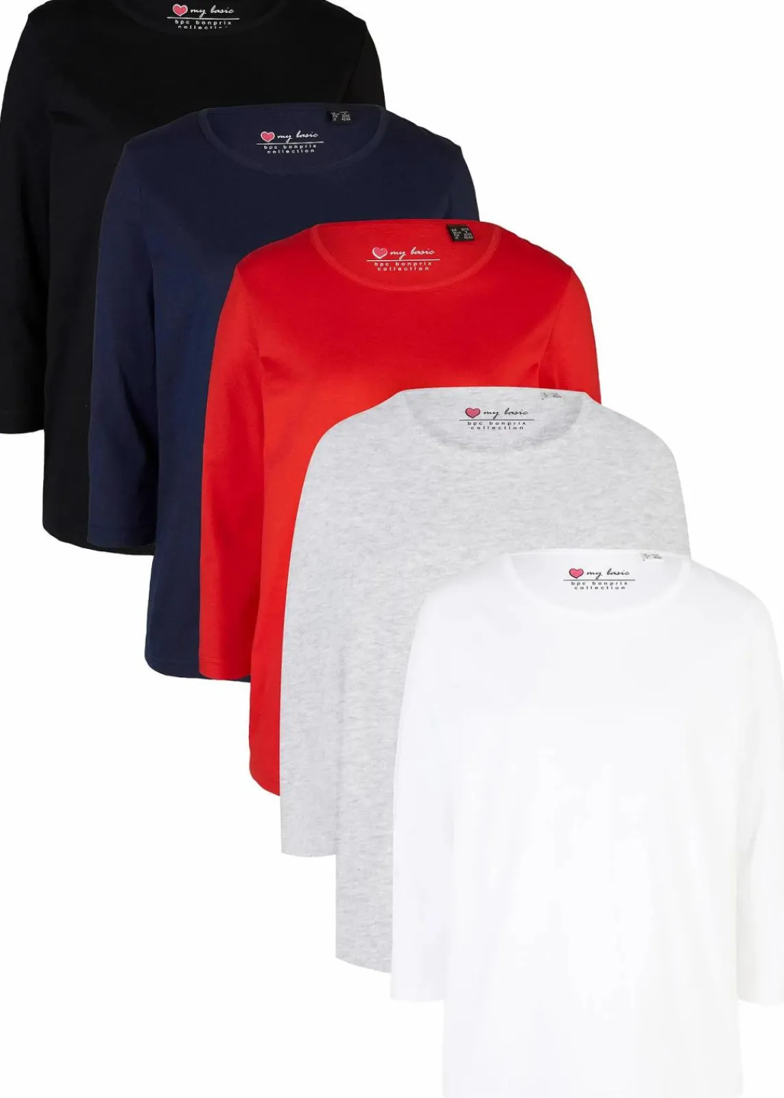 bonprix Shirts & Tops|Basics^Longshirt (5er-Pack) schwarz + erdbeere + hellgrau meliert + weiß + dunkelblau
