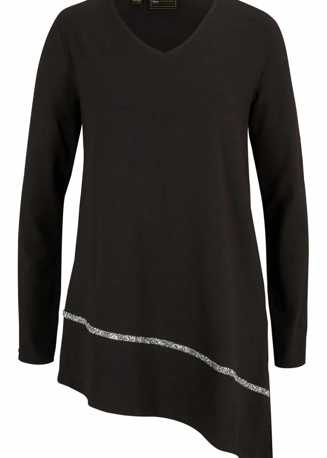 bonprix Shirts & Tops^Longshirt mit asymmetrischen Schnitt und Glitzer schwarz/silber