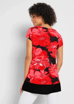 bonprix Shirts & Tops^Long-Shirt mit Chiffon schwarz/rot geblümt