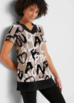 bonprix Shirts & Tops^Long-Shirt mit Kurzarm taupe / schwarz / weiß bedruckt