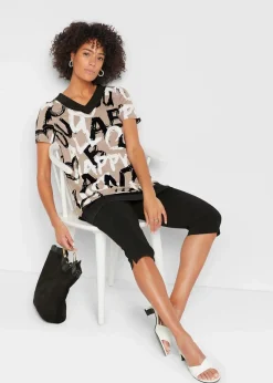 bonprix Shirts & Tops^Long-Shirt mit Kurzarm taupe / schwarz / weiß bedruckt