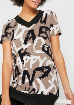 bonprix Shirts & Tops^Long-Shirt mit Kurzarm taupe / schwarz / weiß bedruckt