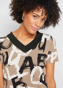 bonprix Shirts & Tops^Long-Shirt mit Kurzarm taupe / schwarz / weiß bedruckt